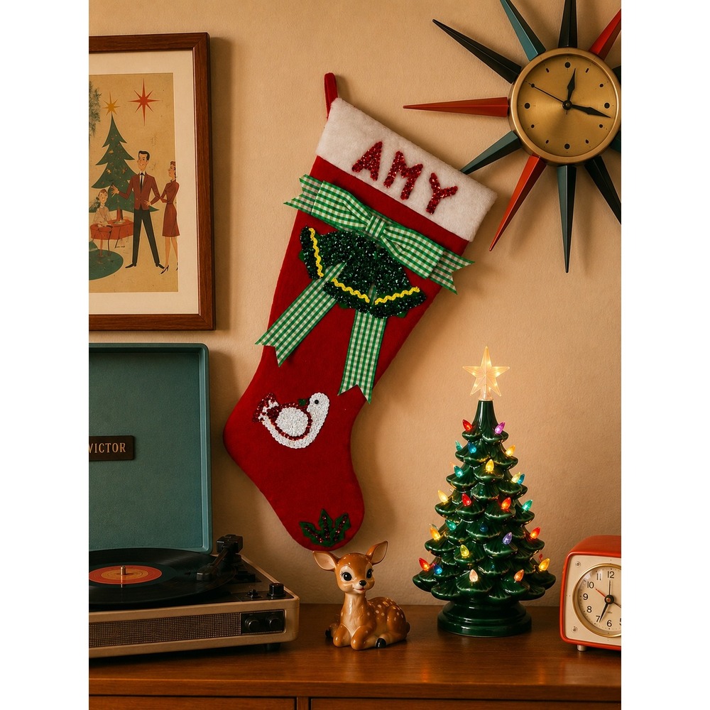 Handmade Christmas Stocking Unisex OS Red Good Sequin Bells Dove Amy Gingham Bow